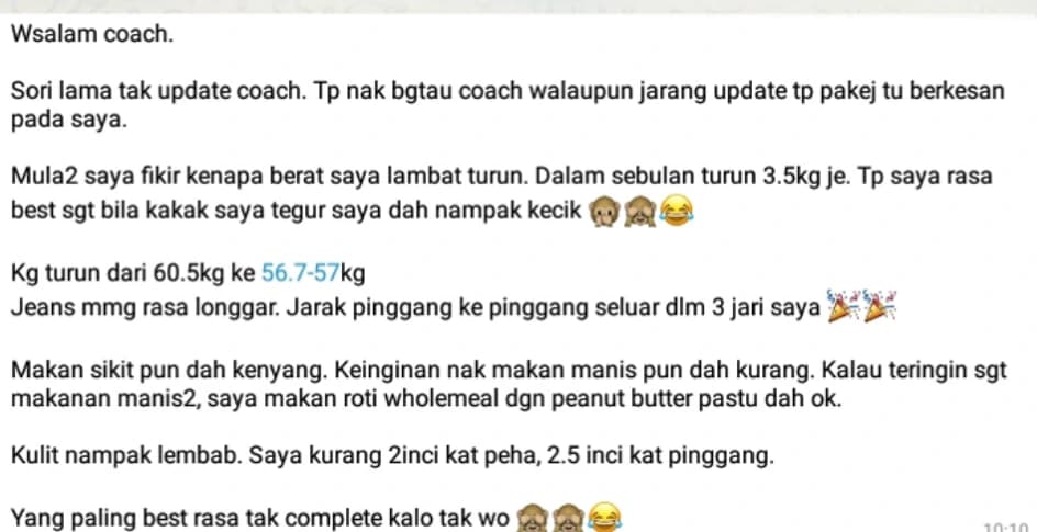 Screenshot perkongsian pelajar 15 daripada bimbingan Coach Akmal terdahulu