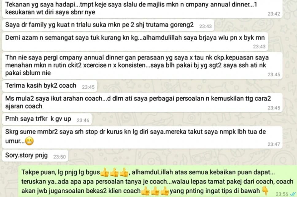Screenshot perkongsian pelajar 23 daripada bimbingan Coach Akmal terdahulu