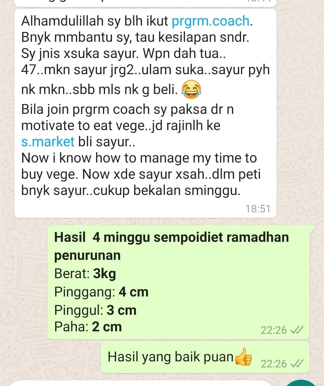 Screenshot perkongsian pelajar 4 daripada bimbingan Coach Akmal terdahulu