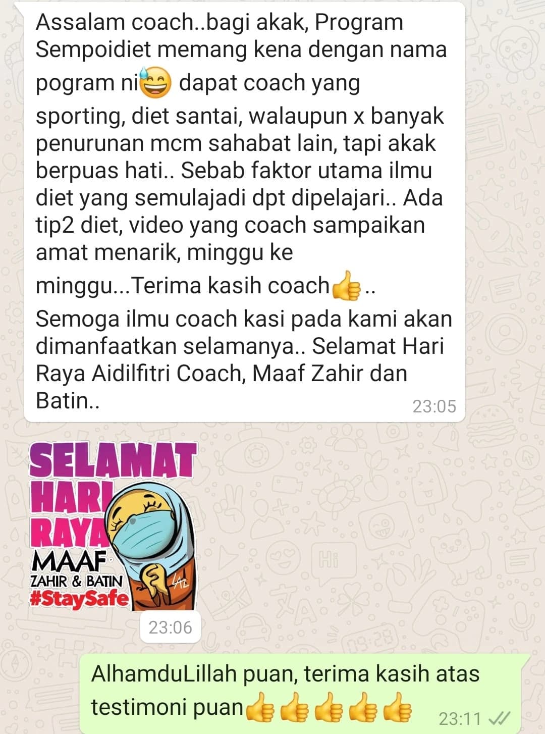 Screenshot perkongsian pelajar 7 daripada bimbingan Coach Akmal terdahulu