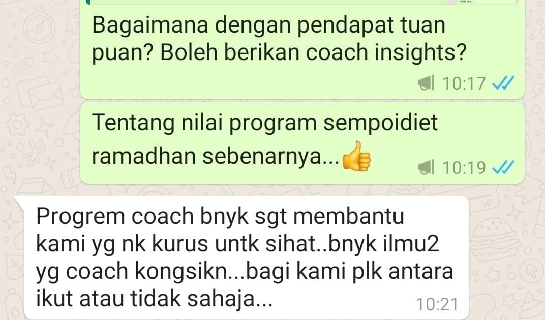 Screenshot perkongsian pelajar 8 daripada bimbingan Coach Akmal terdahulu