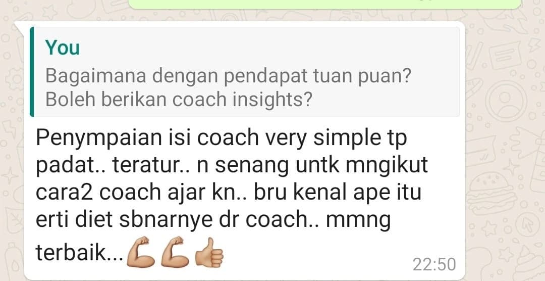 Screenshot perkongsian pelajar 1 daripada bimbingan Coach Akmal terdahulu