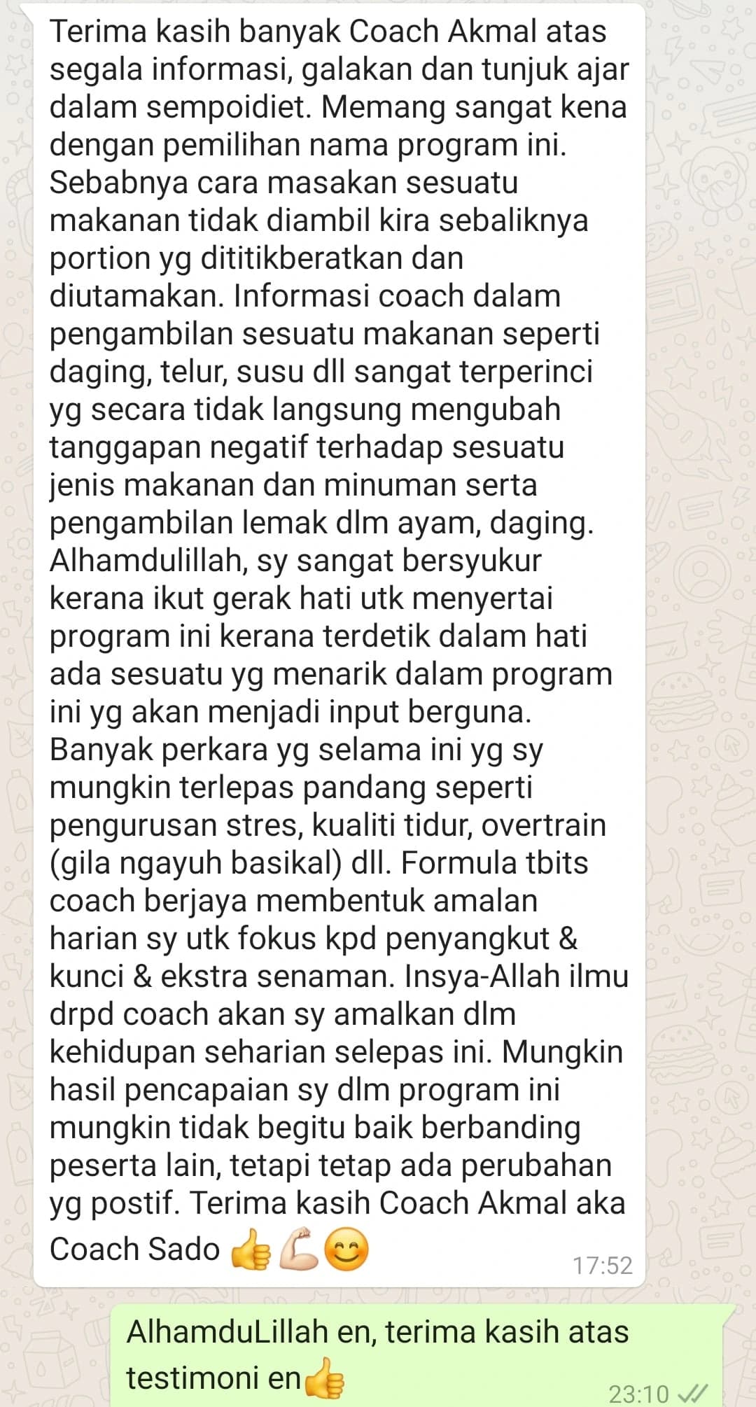 Screenshot perkongsian pelajar 9 daripada bimbingan Coach Akmal terdahulu
